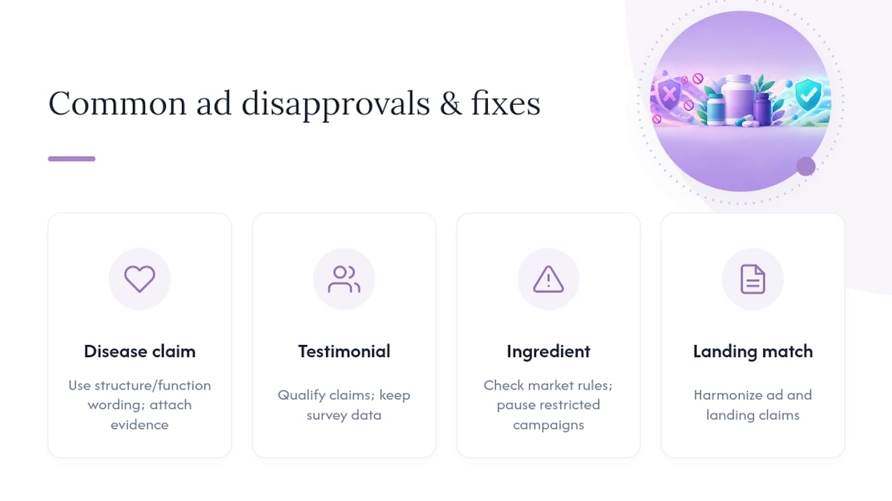 Four supplement ad disapproval patterns and fixes