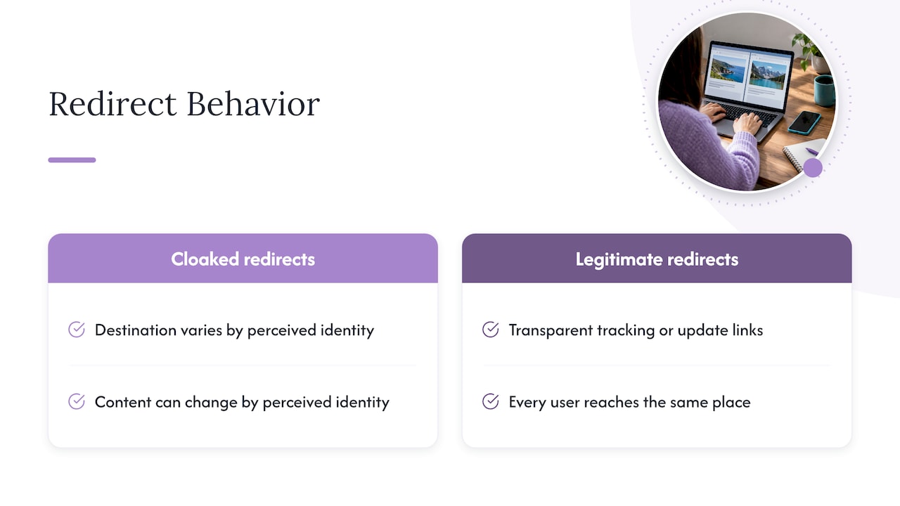 How are cloaked redirects different from domain cloaking and legitimate redirects? — overview diagram