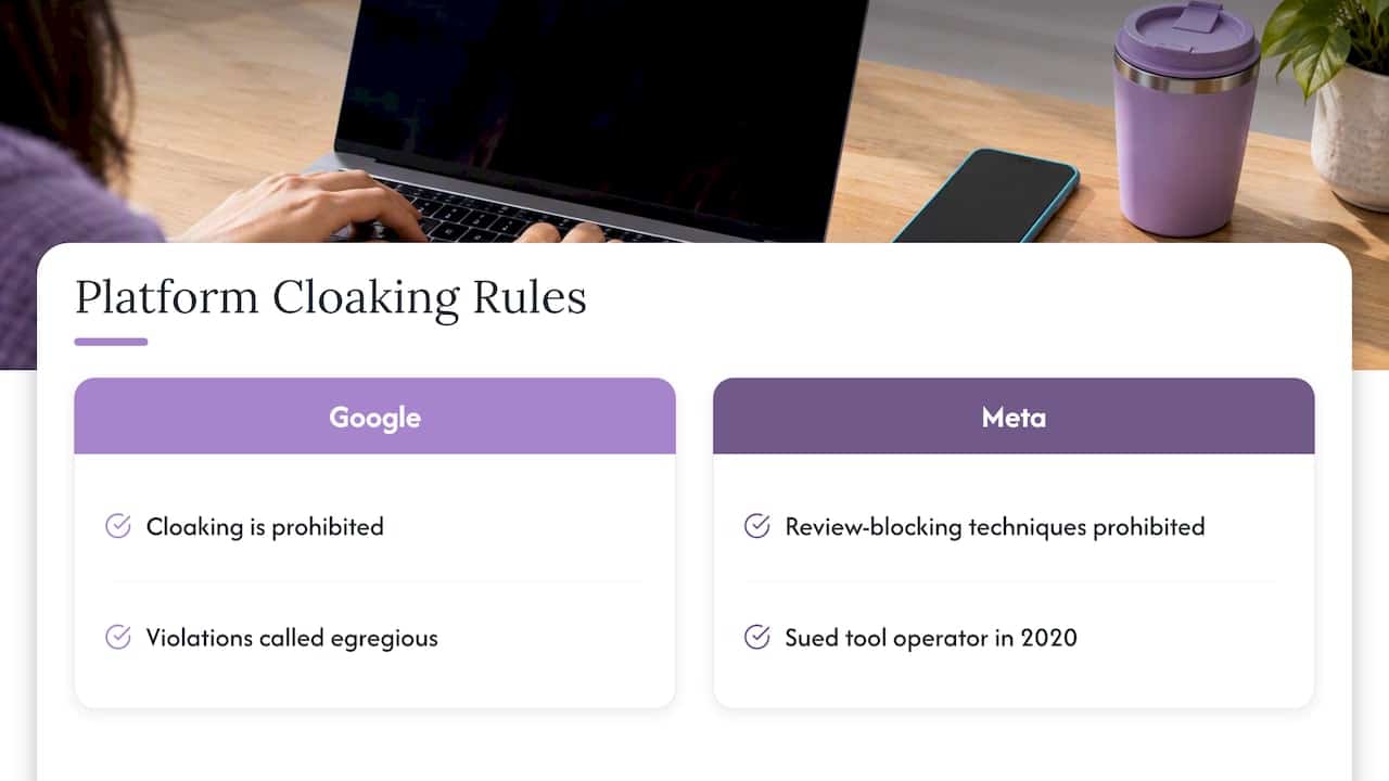 Cloaking is a policy violation, not a compliance tool — overview diagram